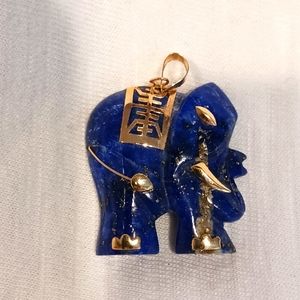 Vintage 14k 585 Gold Blue Lapis Lazuli Elephant Pendant